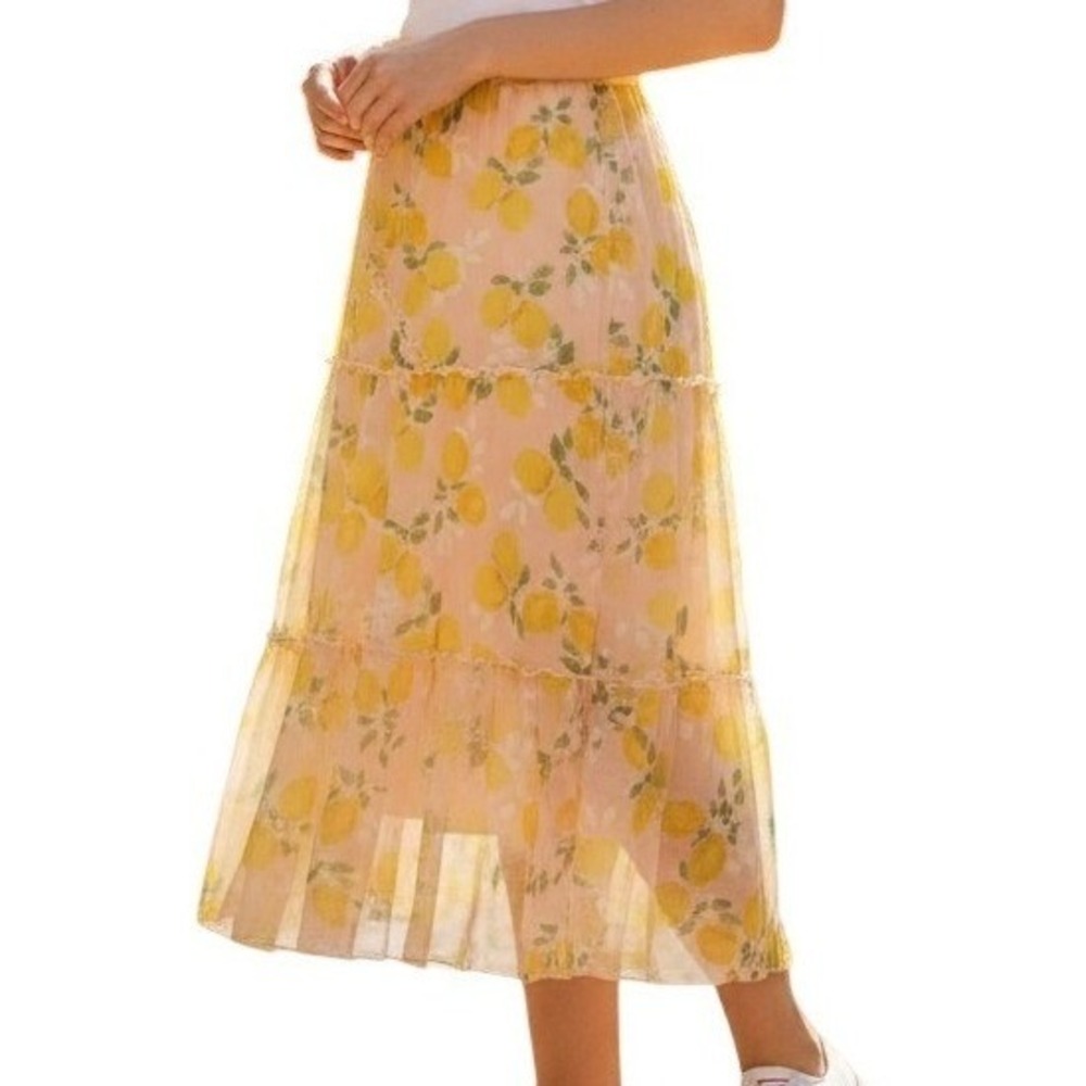 See You Monday Lemon Print Mesh Tiered Midi Skirt Peach Yellow Large